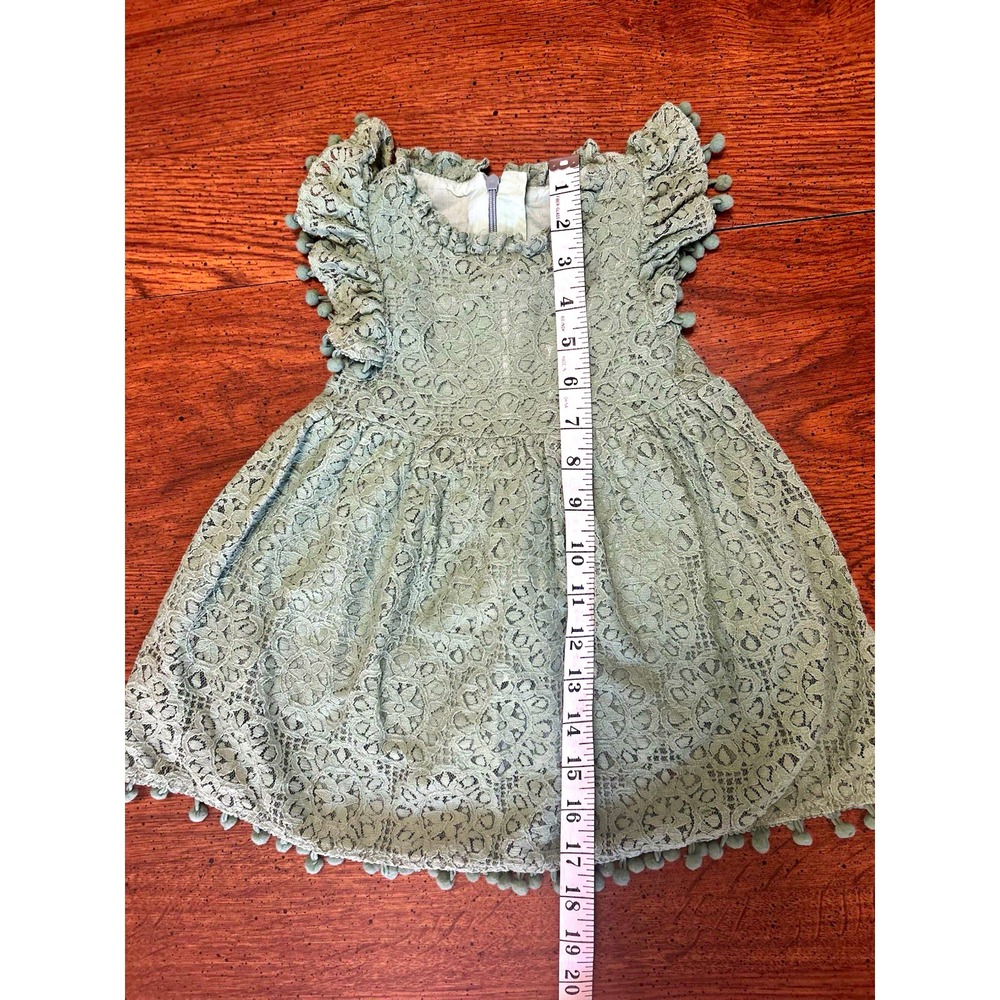 Boho Vintage Lace Baby Dress Sage Green Pom Pom Trim Flower Girl Party 6 Months